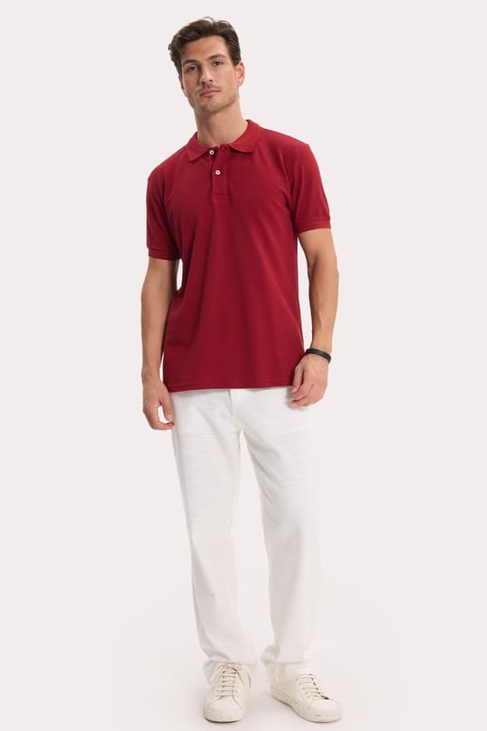 Erkek Slim Fit Dar Kesim %100 Pamuk Kısa Kollu Polo Yaka Bordo Tişört