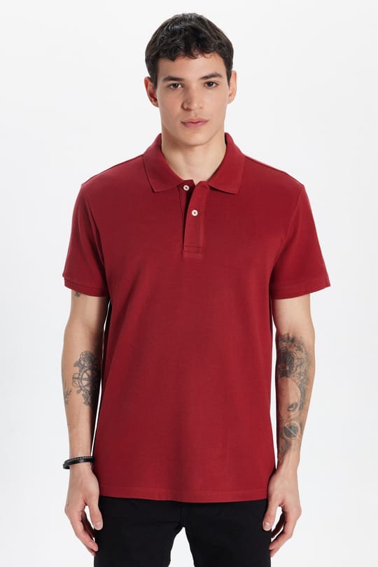 Erkek Slim Fit Dar Kesim %100 Pamuk Kısa Kollu Polo Yaka Bordo Tişört