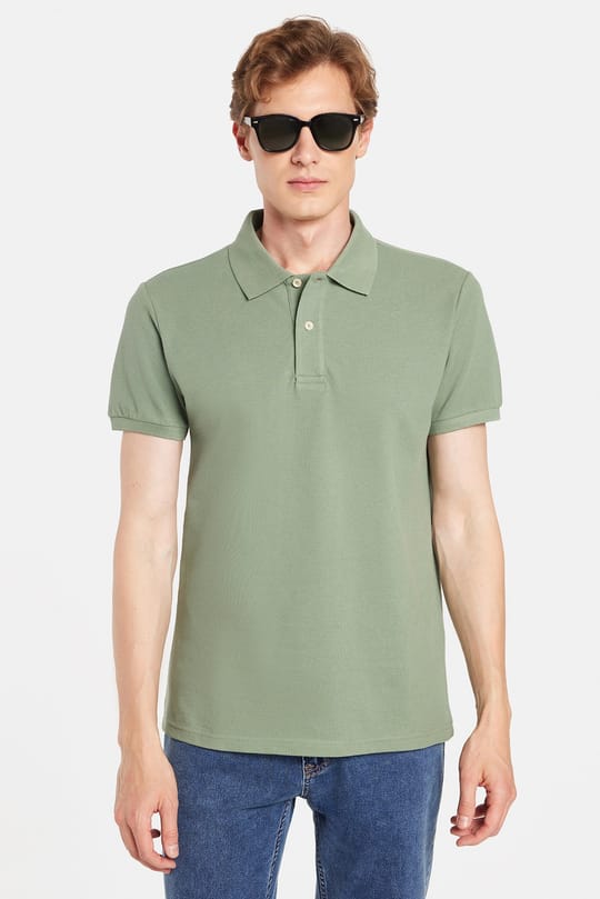 Erkek Slim Fit Dar Kesim %100 Pamuk Kısa Kollu Polo Yaka Yeşil Tişört