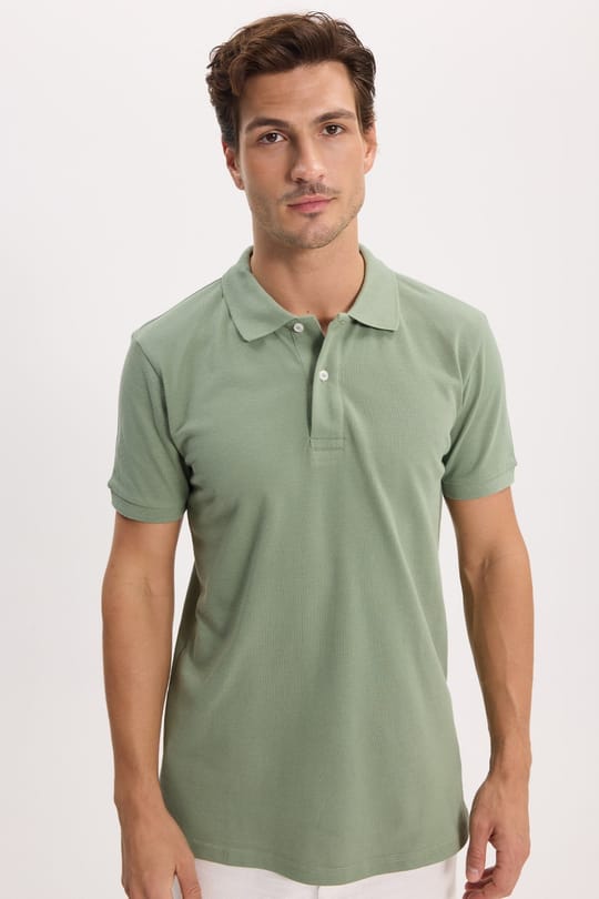Erkek Slim Fit Dar Kesim %100 Pamuk Kısa Kollu Polo Yaka Yeşil Tişört