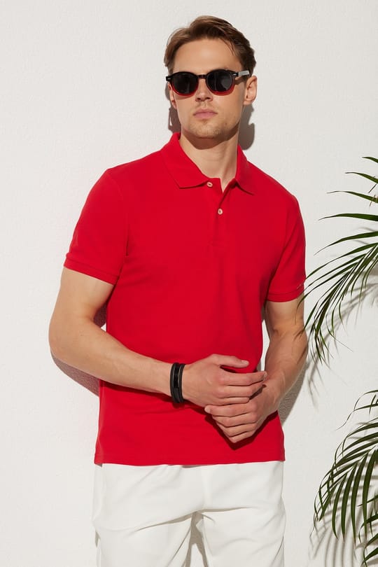 Erkek Slim Fit Dar Kesim %100 Pamuk Kısa Kollu Polo Yaka Kırmızı Tişört