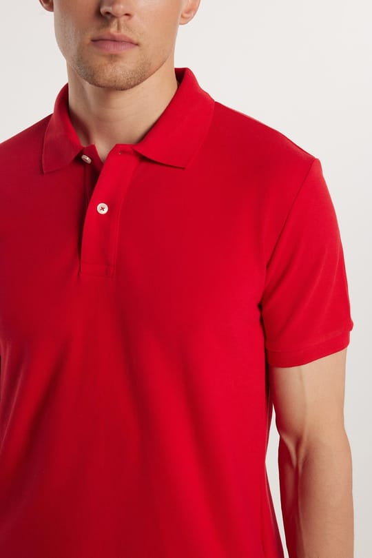 Erkek Slim Fit Dar Kesim %100 Pamuk Kısa Kollu Polo Yaka Kırmızı Tişört