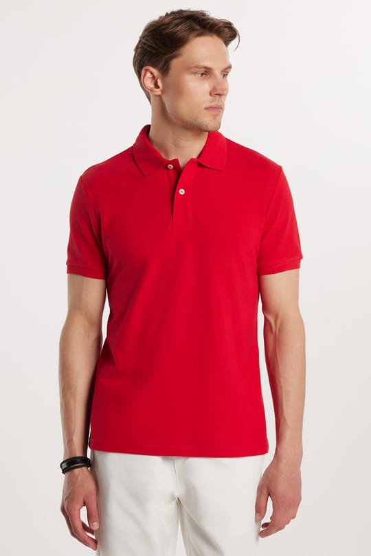 Erkek Slim Fit Dar Kesim %100 Pamuk Kısa Kollu Polo Yaka Kırmızı Tişört