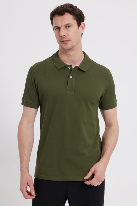 Erkek Slim Fit Dar Kesim %100 Pamuk Kısa Kollu Polo Yaka Haki Tişört