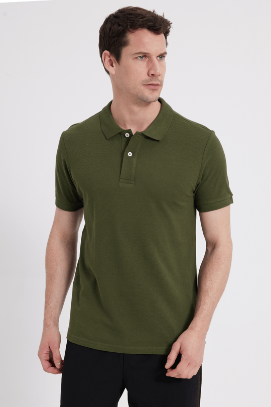 Erkek Slim Fit Dar Kesim %100 Pamuk Kısa Kollu Polo Yaka Haki Tişört