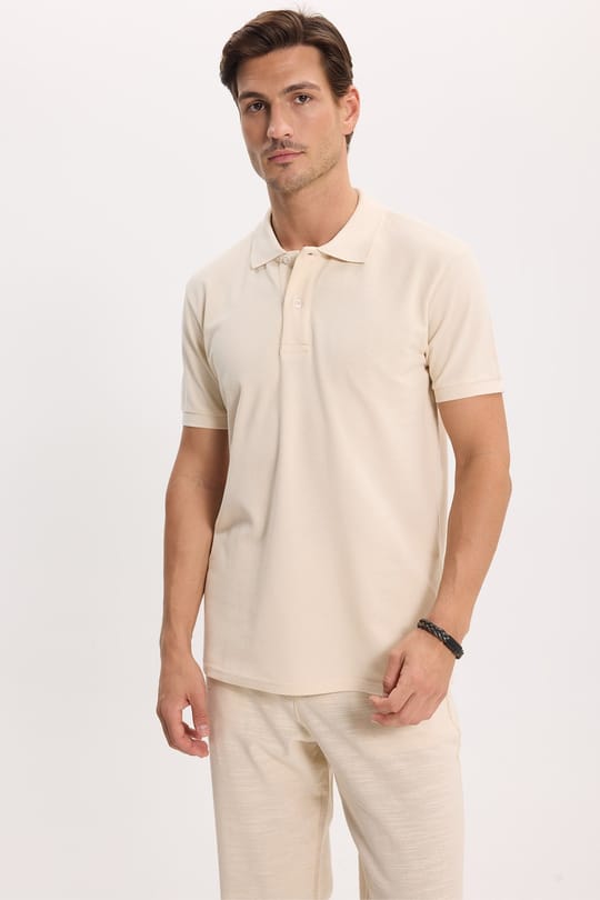 Erkek Slim Fit Dar Kesim %100 Pamuk Kısa Kollu Polo Yaka Ekru Tişört