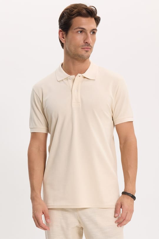 Erkek Slim Fit Dar Kesim %100 Pamuk Kısa Kollu Polo Yaka Ekru Tişört