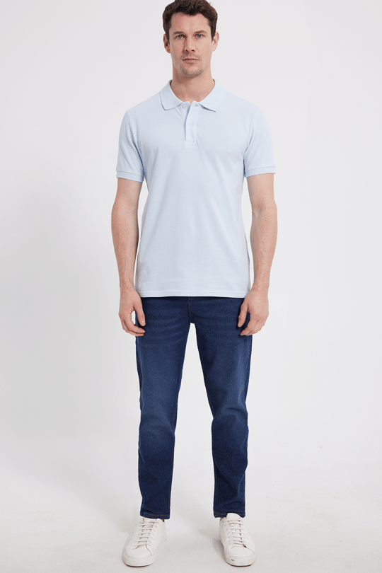Erkek Slim Fit Dar Kesim %100 Pamuk Kısa Kollu Polo Yaka Turkuaz Tişört