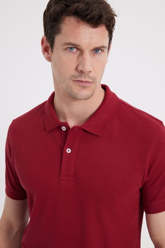 Erkek Slim Fit Dar Kesim %100 Pamuk Kısa Kollu Polo Yaka Kırmızı Tişört
