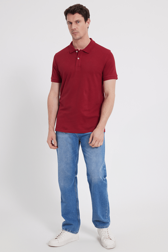 Erkek Slim Fit Dar Kesim %100 Pamuk Kısa Kollu Polo Yaka Kırmızı Tişört
