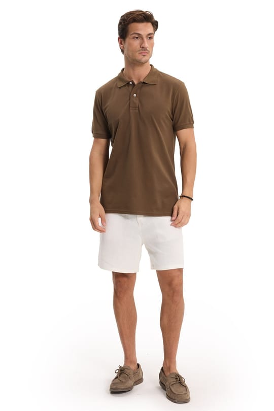 Erkek Slim Fit Dar Kesim %100 Pamuk Kısa Kollu Polo Yaka Kahverengi Tişört