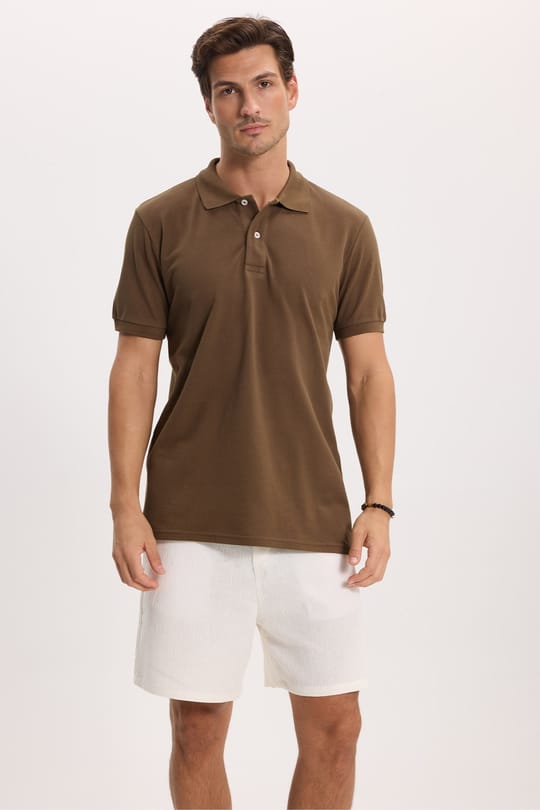 Erkek Slim Fit Dar Kesim %100 Pamuk Kısa Kollu Polo Yaka Kahverengi Tişört