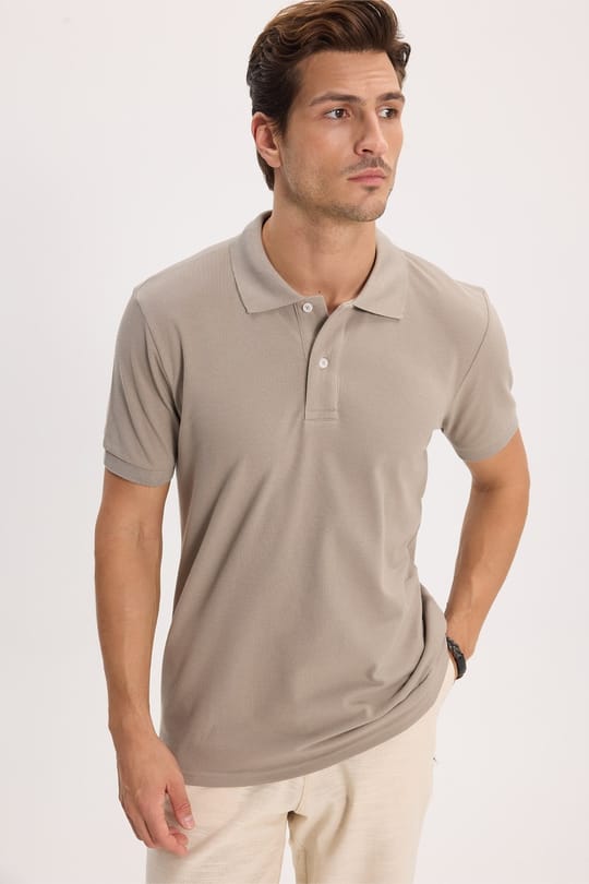 Erkek Slim Fit Dar Kesim %100 Pamuk Kısa Kollu Polo Yaka Vizon Tişört