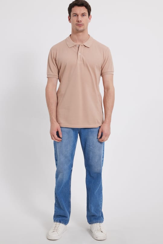 Erkek Slim Fit Dar Kesim %100 Pamuk Kısa Kollu Polo Yaka Bej Tişört