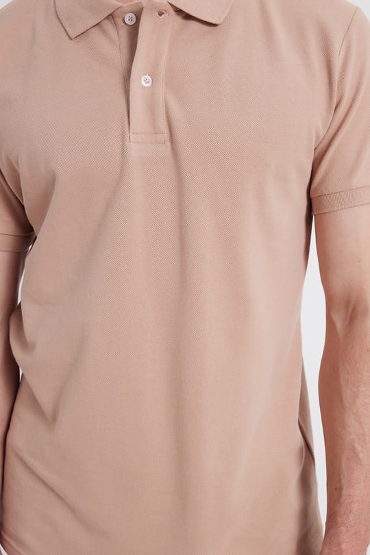 Erkek Slim Fit Dar Kesim %100 Pamuk Kısa Kollu Polo Yaka Bej Tişört