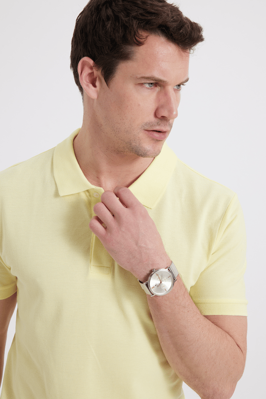 Erkek Slim Fit Dar Kesim %100 Pamuk Kısa Kollu Polo Yaka Sarı Tişört
