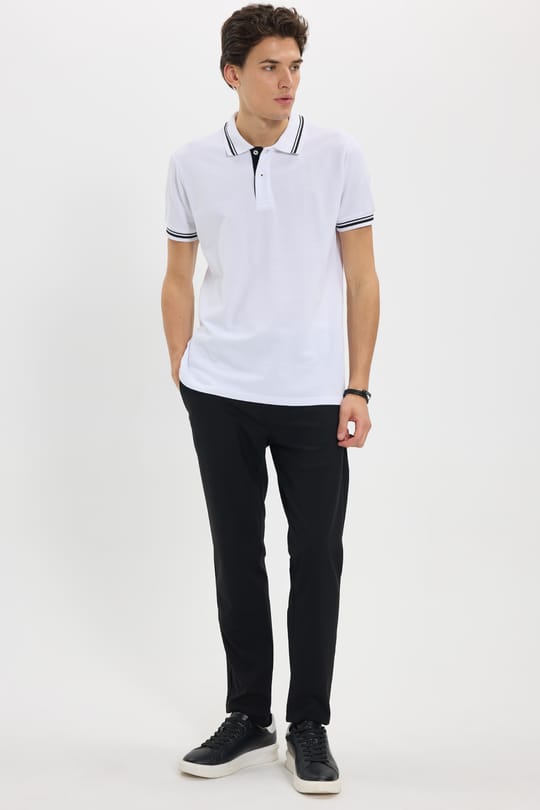 Erkek Slim Fit Dar Kesim %100 Pamuk Düz Pike Yaka ve Kol Detaylı Beyaz Polo Yaka Tişört