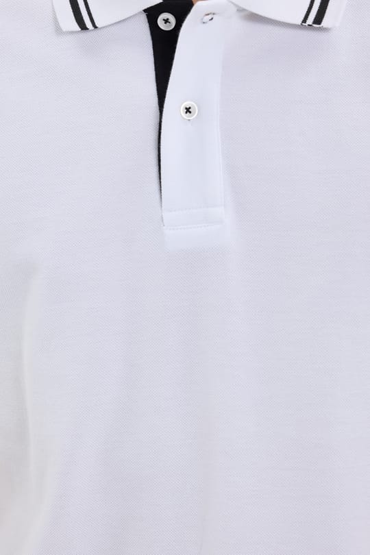 Erkek Slim Fit Dar Kesim %100 Pamuk Düz Pike Yaka ve Kol Detaylı Beyaz Polo Yaka Tişört