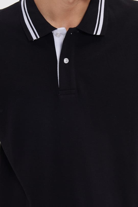 Erkek Slim Fit Dar Kesim %100 Pamuk Düz Pike Yaka ve Kol Detaylı Siyah Polo Yaka Tişört