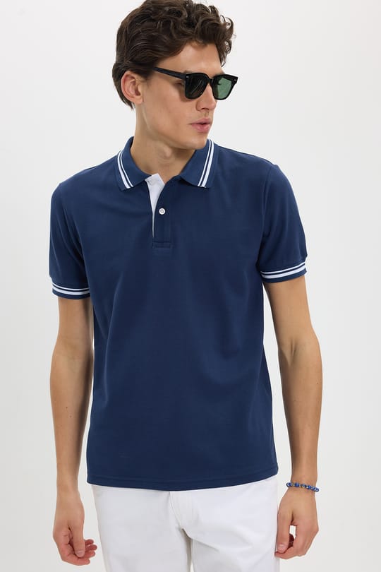 Erkek Slim Fit Dar Kesim %100 Pamuk Düz Pike Yaka ve Kol Detaylı Lacivert Polo Yaka Tişört
