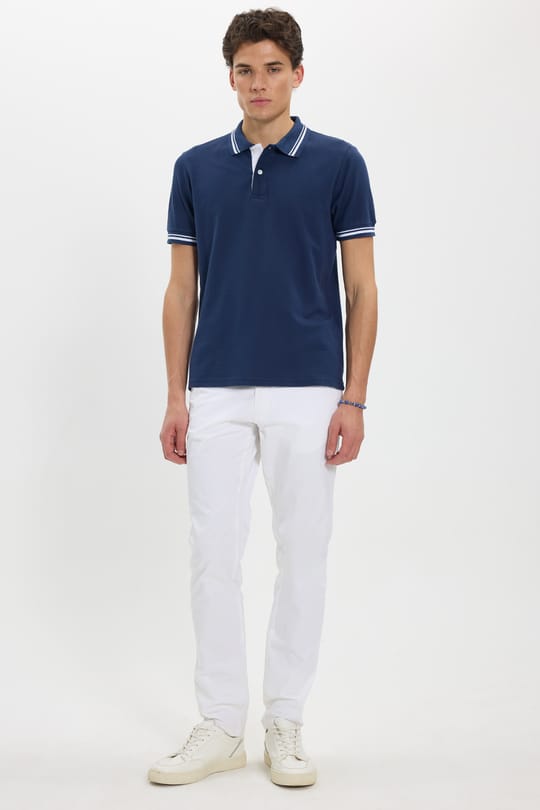 Erkek Slim Fit Dar Kesim %100 Pamuk Düz Pike Yaka ve Kol Detaylı Lacivert Polo Yaka Tişört