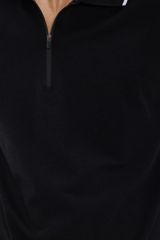 Erkek Slim Fit Dar Kesim %100 Pamuk Jakarlı Düz Yaka ve Kol Detaylı Siyah Polo Yaka Tişört