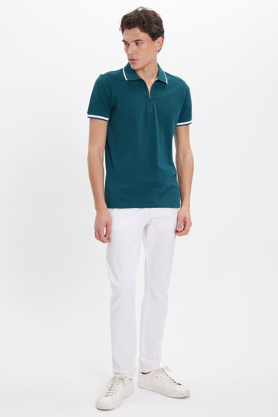 Erkek Slim Fit Dar Kesim %100 Pamuk Jakarlı Düz Yaka ve Kol Detaylı Yeşil Polo Yaka Tişört