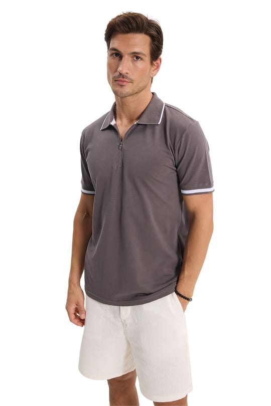 Erkek Slim Fit Dar Kesim %100 Pamuk Jakarlı Düz Yaka ve Kol Detaylı Gri Polo Yaka Tişört