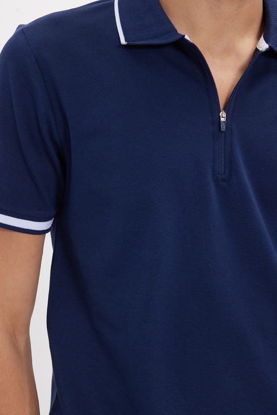 Erkek Slim Fit Dar Kesim %100 Pamuk Jakarlı Düz Yaka ve Kol Detaylı Lacivert Polo Yaka Tişört