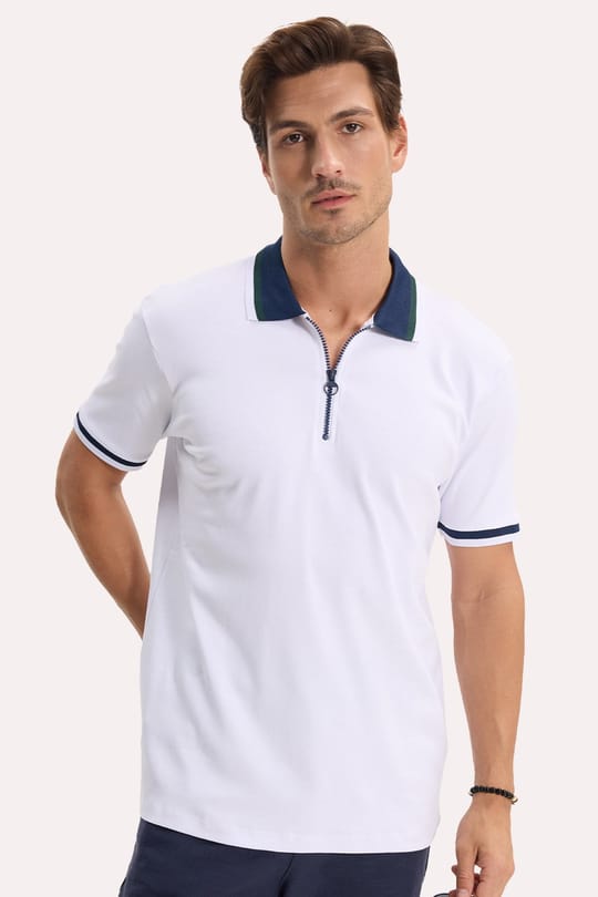 Erkek Slim Fit Dar Kesim %100 Pamuk Kısa Kollu Yarım Fermuarlı Beyaz Polo Yaka Tişört