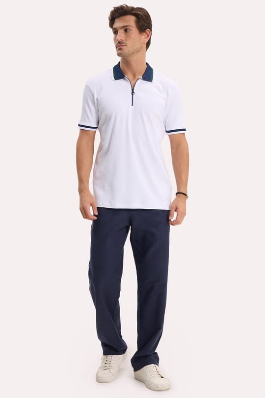 Erkek Slim Fit Dar Kesim %100 Pamuk Kısa Kollu Yarım Fermuarlı Beyaz Polo Yaka Tişört