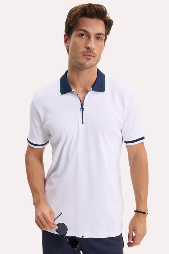 Erkek Slim Fit Dar Kesim %100 Pamuk Kısa Kollu Yarım Fermuarlı Beyaz Polo Yaka Tişört