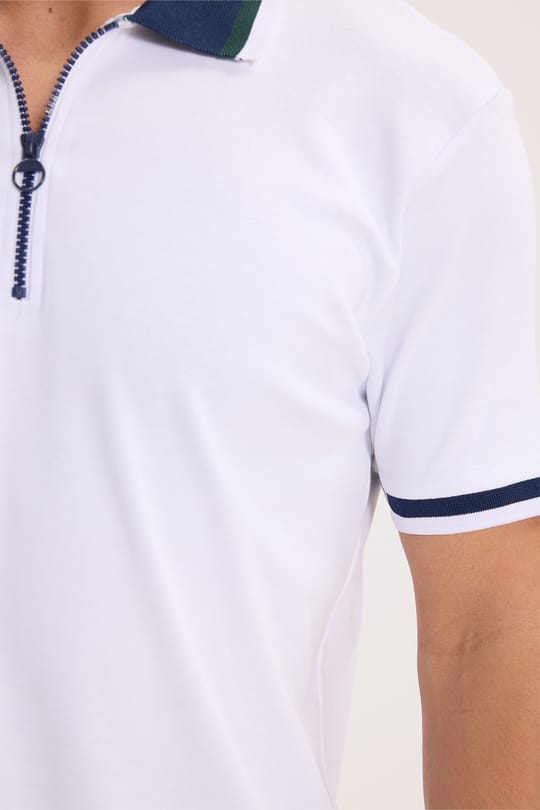 Erkek Slim Fit Dar Kesim %100 Pamuk Kısa Kollu Yarım Fermuarlı Beyaz Polo Yaka Tişört