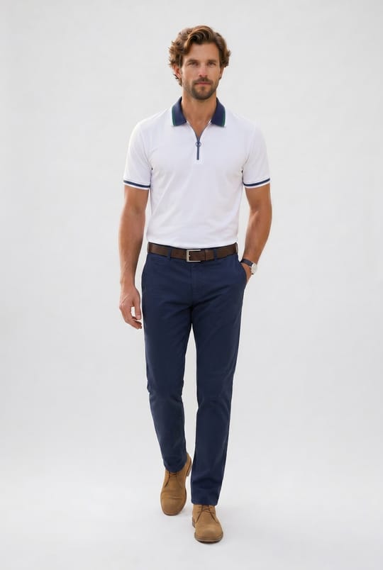 Erkek Slim Fit Dar Kesim %100 Pamuk Kısa Kollu Yarım Fermuarlı Beyaz Polo Yaka Tişört