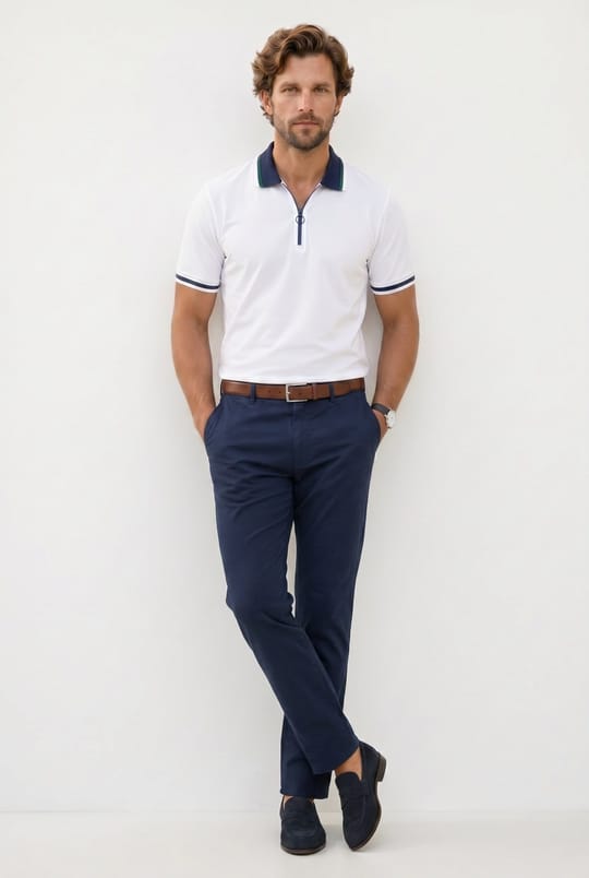Erkek Slim Fit Dar Kesim %100 Pamuk Kısa Kollu Yarım Fermuarlı Beyaz Polo Yaka Tişört