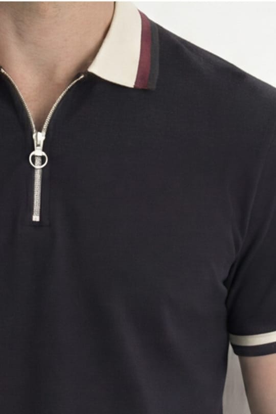 Erkek Slim Fit Dar Kesim %100 Pamuk Kısa Kollu Yarım Fermuarlı Siyah Polo Yaka Tişört