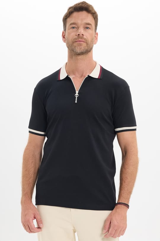 Erkek Slim Fit Dar Kesim %100 Pamuk Kısa Kollu Yarım Fermuarlı Siyah Polo Yaka Tişört