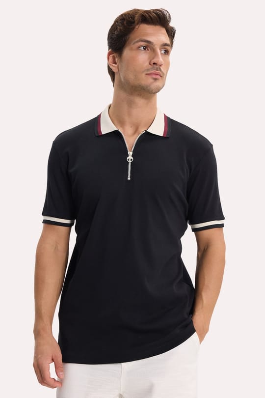 Erkek Slim Fit Dar Kesim %100 Pamuk Kısa Kollu Yarım Fermuarlı Siyah Polo Yaka Tişört