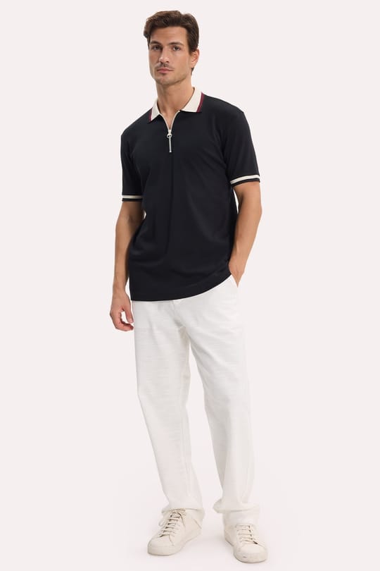Erkek Slim Fit Dar Kesim %100 Pamuk Kısa Kollu Yarım Fermuarlı Siyah Polo Yaka Tişört
