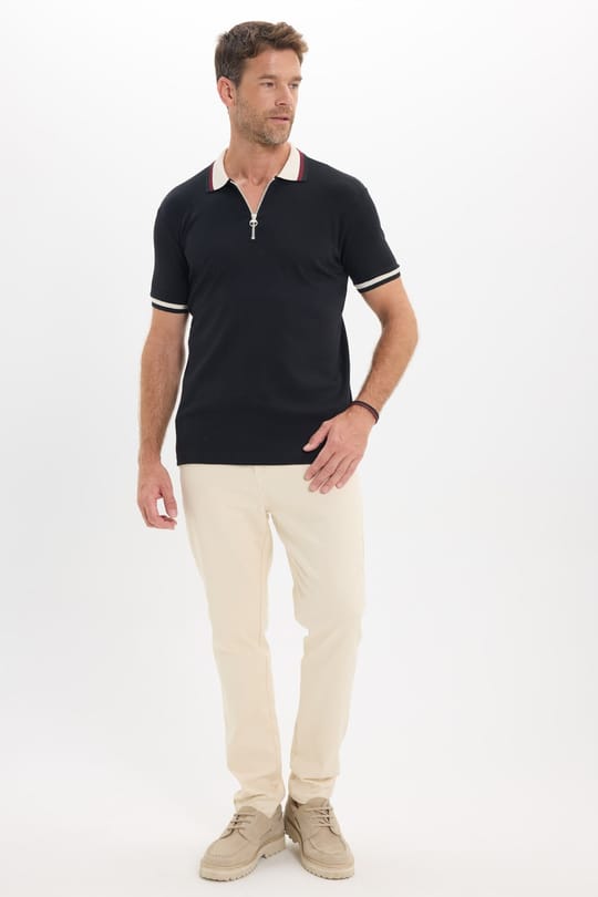 Erkek Slim Fit Dar Kesim %100 Pamuk Kısa Kollu Yarım Fermuarlı Siyah Polo Yaka Tişört