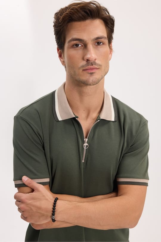 Erkek Slim Fit Dar Kesim %100 Pamuk Kısa Kollu Yarım Fermuarlı Yeşil Polo Yaka Tişört