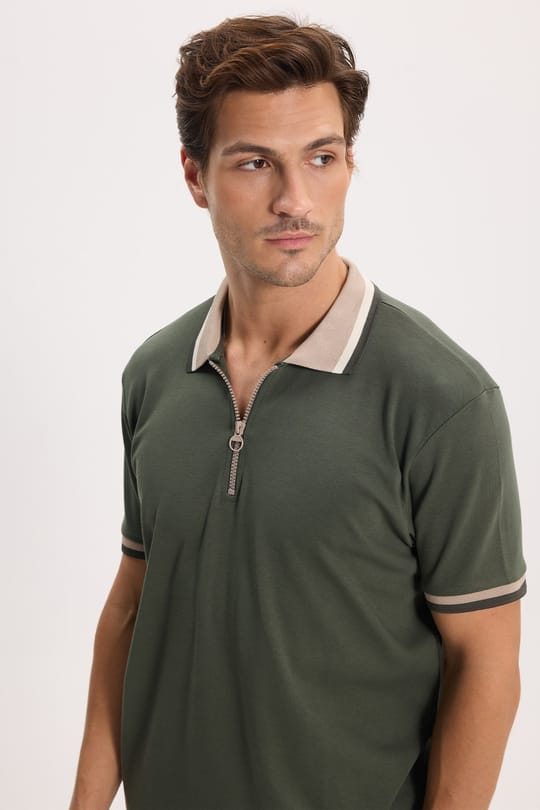 Erkek Slim Fit Dar Kesim %100 Pamuk Kısa Kollu Yarım Fermuarlı Yeşil Polo Yaka Tişört