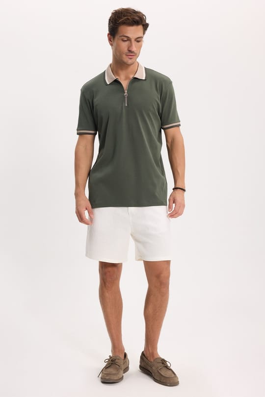 Erkek Slim Fit Dar Kesim %100 Pamuk Kısa Kollu Yarım Fermuarlı Yeşil Polo Yaka Tişört