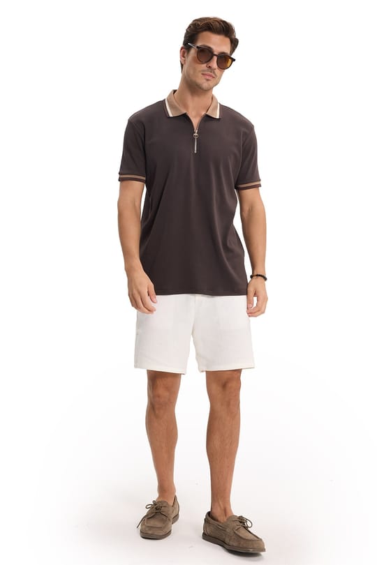 Erkek Slim Fit Dar Kesim %100 Pamuk Kısa Kollu Yarım Fermuarlı Kahverengi Polo Yaka Tişört