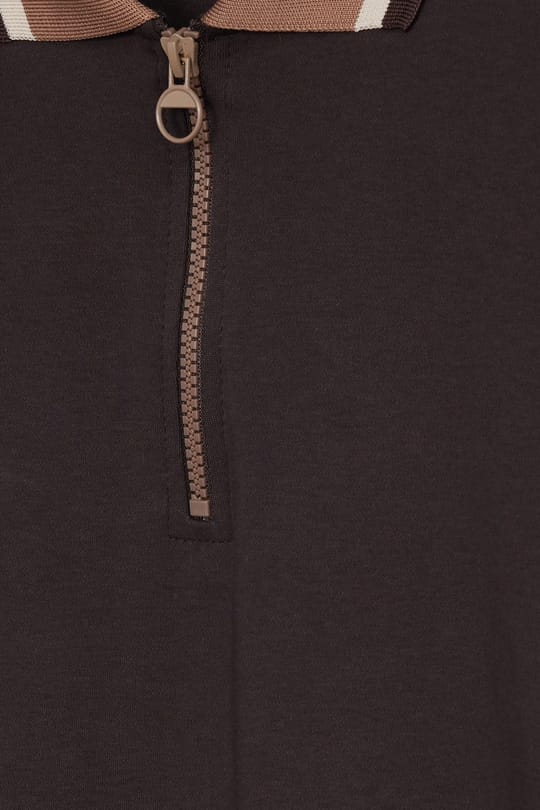 Erkek Slim Fit Dar Kesim %100 Pamuk Kısa Kollu Yarım Fermuarlı Kahverengi Polo Yaka Tişört