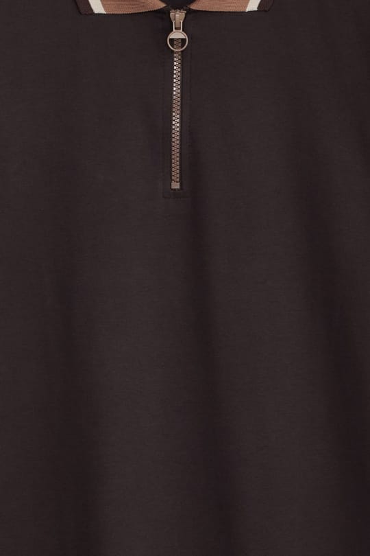Erkek Slim Fit Dar Kesim %100 Pamuk Kısa Kollu Yarım Fermuarlı Kahverengi Polo Yaka Tişört