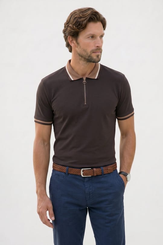 Erkek Slim Fit Dar Kesim %100 Pamuk Kısa Kollu Yarım Fermuarlı Kahverengi Polo Yaka Tişört
