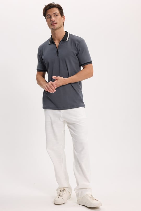 Erkek Slim Fit Dar Kesim %100 Pamuk Kısa Kollu Yarım Fermuarlı Antrasit Polo Yaka Tişört