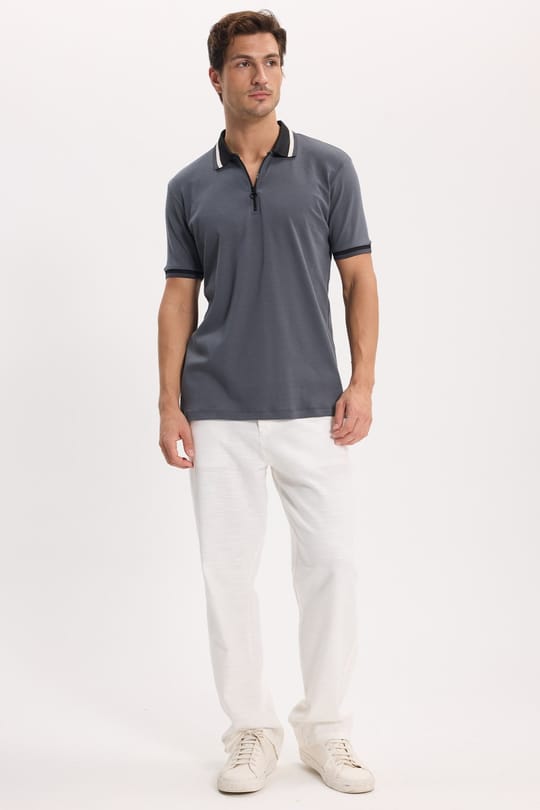 Erkek Slim Fit Dar Kesim %100 Pamuk Kısa Kollu Yarım Fermuarlı Antrasit Polo Yaka Tişört