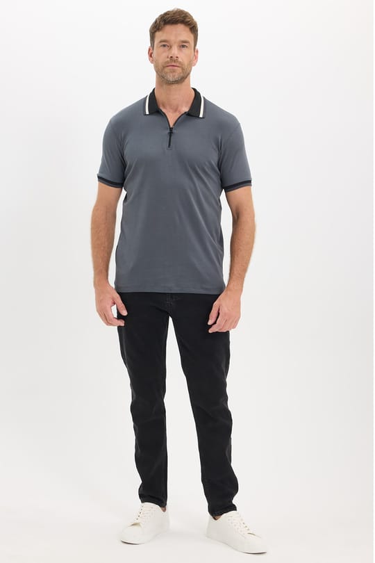 Erkek Slim Fit Dar Kesim %100 Pamuk Kısa Kollu Yarım Fermuarlı Antrasit Polo Yaka Tişört